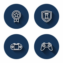 Set line Game rating with medal, Chess shield, Portable video game console and controller joystick with long shadow. Blue circle button. Vector
