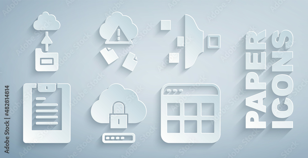 Aufkleber set cloud computing lock, filter setting, server, data report, browser files, hacking and technology