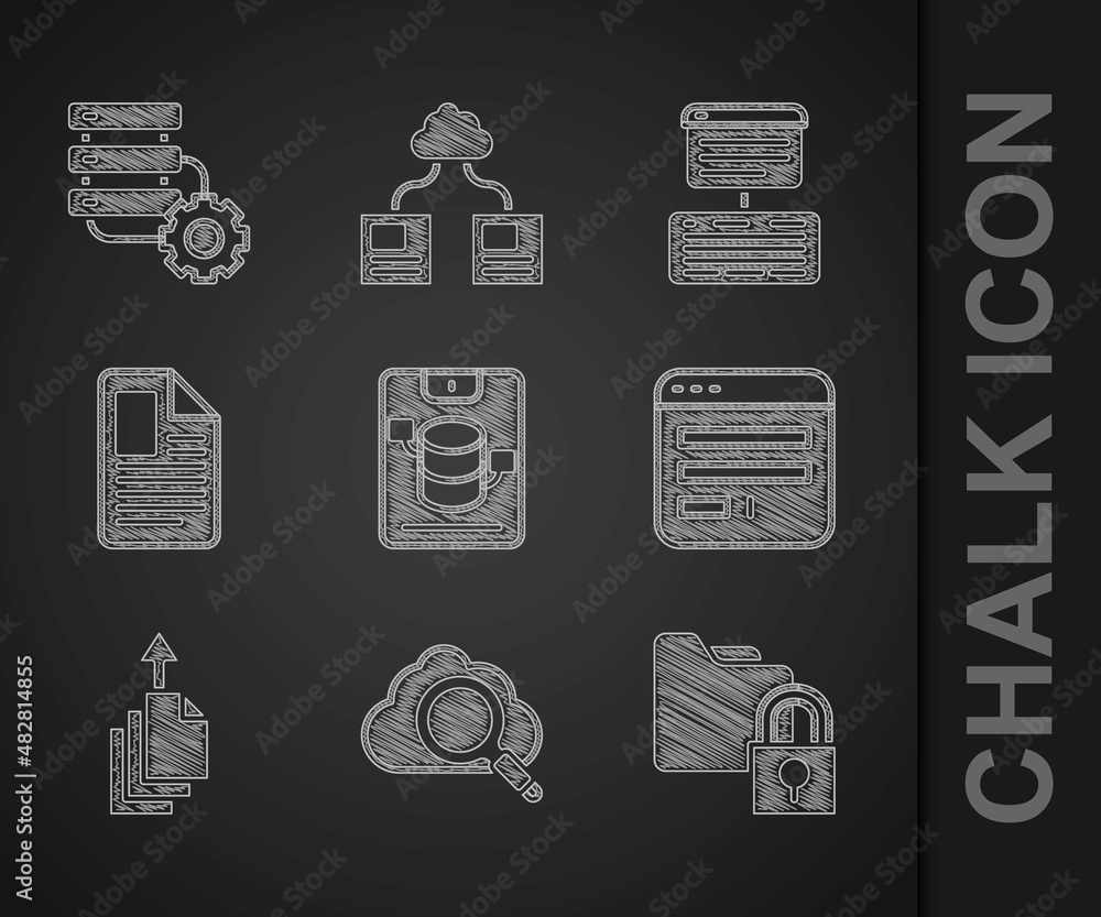 Poster set server, data, web hosting, search cloud computing, folder and lock, browser window, export, file
