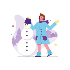 Christmas and winter activity modern flat concept. Woman making snowman on snowy street. Fun seasonal entertainment at wintertime holiday. Vector illustration with people scene for web banner design