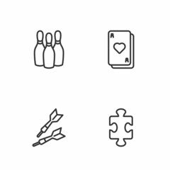 Set line Puzzle pieces toy, Dart arrow, Bowling pin and Playing cards icon. Vector
