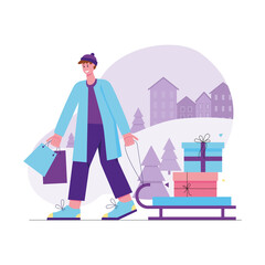Christmas and winter activity modern flat concept. Happy man buys gifts and carries gift boxes on sled. Holiday celebration at wintertime. Vector illustration with people scene for web banner design