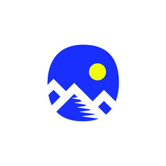 logo with mountains and sun on blue background. Icon. Vector. Emblem