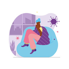 Coronavirus infection disease modern flat concept. Sick girl with high fever coughs and stays at home. Covid 19 symptoms and self-isolation. Vector illustration with people scene for web banner design