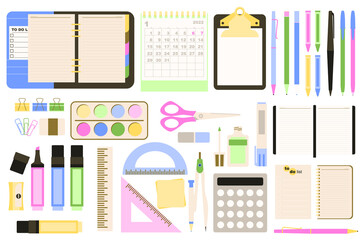 Stationery concept collection in flat cartoon design. Notebook, calendar, tablet, pen, pencil, paper, clip, paints, scissors, markers and other office supply set isolated elements. Vector illustration