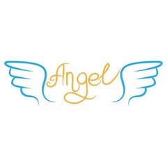 Flying angel wings. Cute angelic emblem with calligraphic text. Isolated phrase and line drawing. Lettering decorative template. Vector illustration