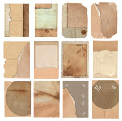 Bunch of Old vintage rough texture retro paper with stains and scratches background