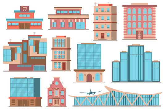 City buildings concept collection in flat cartoon design. Different types of private or public buildings in modern architecture style. Real estate cityscape set isolated elements. Vector illustration