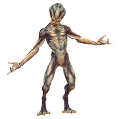 3D Rendering Blue Alien on White