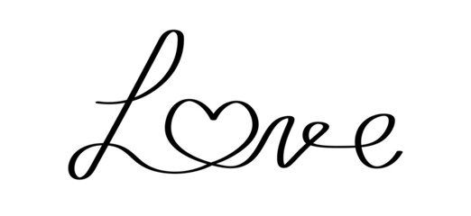 Art line continuous Love black typographic calligraphic lettering and heart icon isolated on white background. Love symbol, Valentine's Day design vector illustration.