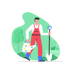 Garden work and growing plants modern flat concept. Man farmer holding shovel and watering can. Agricultural care and crop production. Vector illustration with people scene for web banner design