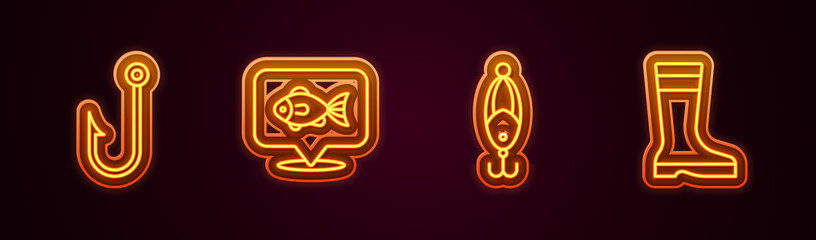Set line Fishing hook, Location fishing, lure and boots. Glowing neon icon. Vector