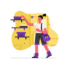 Customer shopping at store modern flat concept. Happy woman chooses new shoes and standing near rack with goods in boxes in shop showroom. Vector illustration with people scene for web banner design