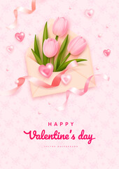 Happy valentines day greeting card with realistic envelope and tulips. Vector illustration