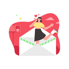 Valentines day celebration modern flat concept. Loving woman declares her love and sends letter to her boyfriend on romantic holiday. Vector illustration with people scene for web banner design