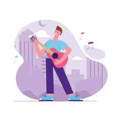 Valentines day celebration modern flat concept. Loving man plays guitar and sings serenade for girlfriend. Declaration of love at holiday. Vector illustration with people scene for web banner design