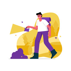 Fototapeta premium Camping and hiking activities modern flat concept. Man tourist with backpack and flashlight walks through forest. Backpacking and traveling. Vector illustration with people scene for web banner design