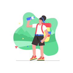 Camping and hiking activities modern flat concept. Woman with backpack drink water from bottle and walking at tourist route in mountains. Vector illustration with people scene for web banner design