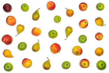  Fruit pattern from fresh apples and pears  on a white background . Flat lay,top view