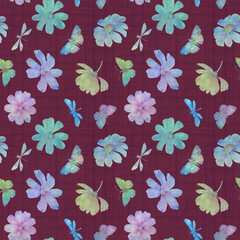 Fototapeta na wymiar Seamless botanical abstract pattern. A background of flowers and butterflies for design, packaging, printing, wallpaper and scrabbooking.