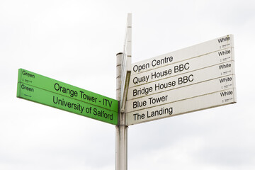 A signpost at MediaCity in Manchester, England