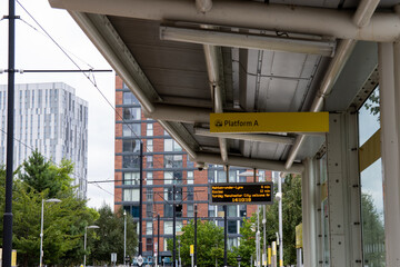 A tram stop in Manchester, England