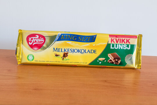 Pruszcz Gdanski, Poland - September 27, 2021: Bar of Norwegian chocolate Freia.