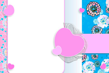 Birthday and Valentine's day greeting card. Delicate pink, blue flowers, hearts.Oriental style. Paper for scrapbooking and digital creativity.