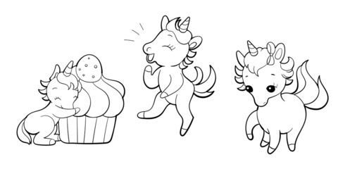 Set of cute unicorns in kawaii style. Cartoon pony sticker design. Vector emoji.