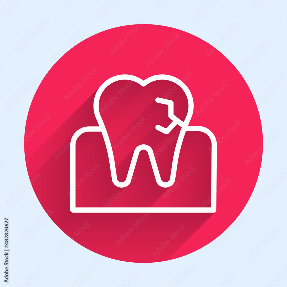 Poster white line tooth with caries icon isolated with long shadow. tooth decay. red circle button. vector