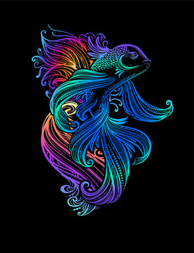 Hand drawn Asian spiritual symbols - colorful koi carp with lotus and waves. It can be used for tattoo and embossing or coloring
