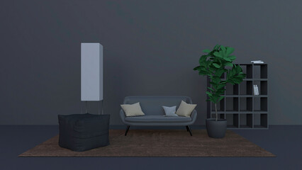3d rendering of black cozy and peaceful room with Scandinavian and Japanese zen style. This expensive penthouse makes you feel calm and relaxed.