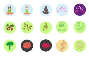 Fototapeta na wymiar Big vector highlights cover icon set for social media stories. collection backgrounds with yoga, flowers doodle, dots and lines. Set of vector icons for your business