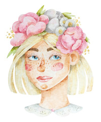 Beautiful girl with floral wreath. Watercolor illustration. Pink peonies, spring flowers. Hand-drawn portrait