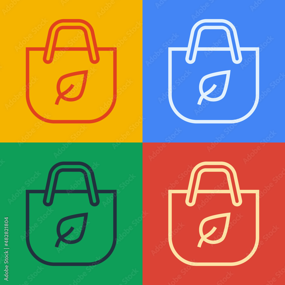 Poster pop art line paper shopping bag with recycle icon isolated on color background. bag with recycling s