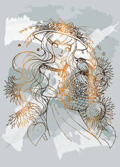 Golden background girl  vector poster. Luxurious anime art deco. Golden natural pattern Vector illustration.