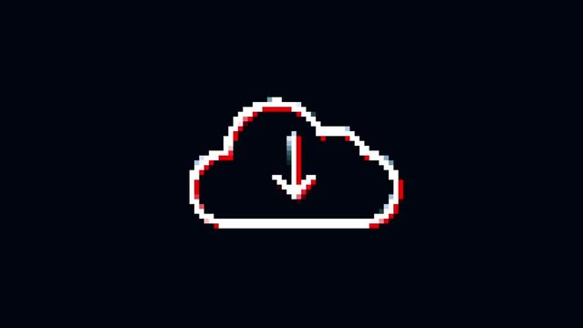 cloud download icon Glitch animation.  isolated on black background.digital glitch effect. 4K video. cool effect.