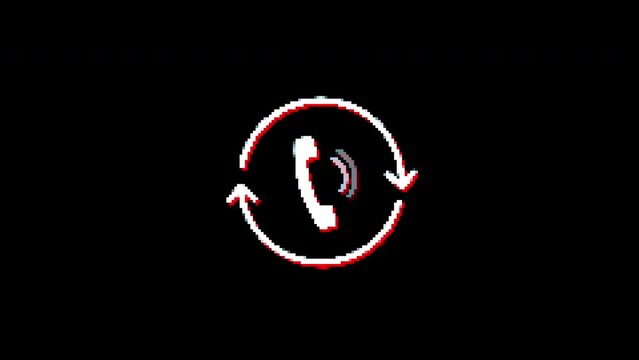 handset and refresh icon Glitch animation.  isolated on black background.digital glitch effect. 4K video. cool effect.