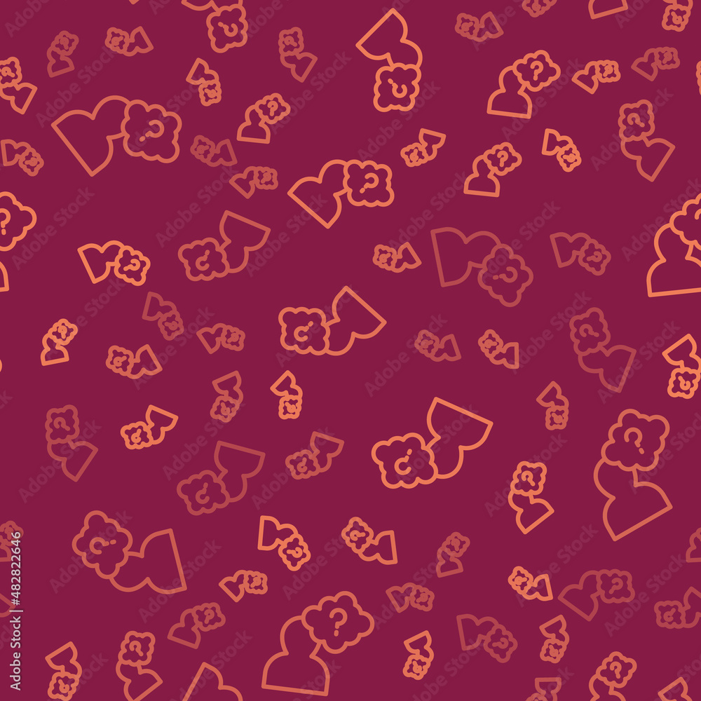 Poster brown line human head with question mark icon isolated seamless pattern on red background. vector