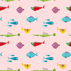 fish seamless pattern cartoon isolated on white background. Vector illustration tropical fish aquarium.	