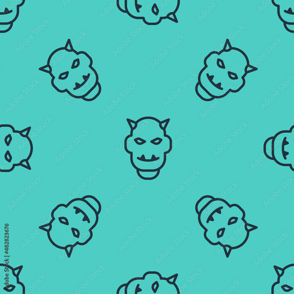 Poster black line mask of the devil with horns icon isolated seamless pattern on green background. vector