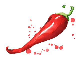 Fresh ripe red hot chili pepper watercolor illustration