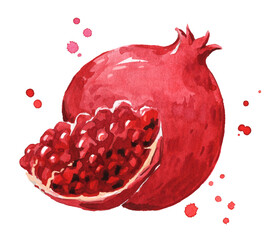 Fresh ripe pomegranate watercolor illustration - 482824240