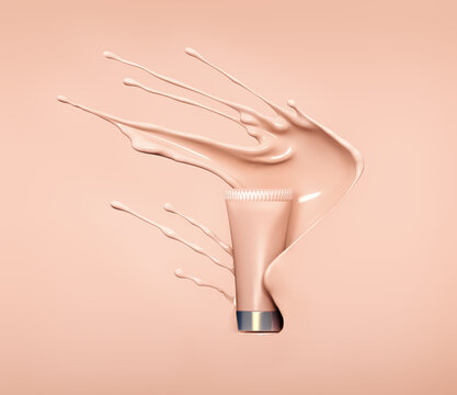 Liquid Makeup Foundation Bottle With Cosmetic Foundation Cream Splash. 3d Rendering.