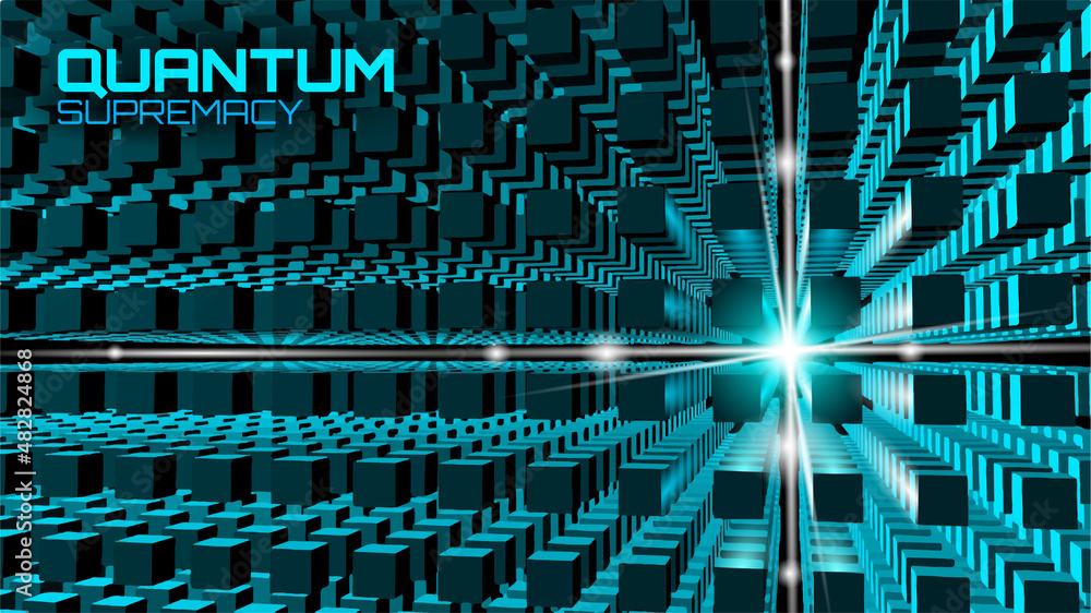 Poster blockchain cube chain symbol on square code big data flow information. blue neon glowing modern tren