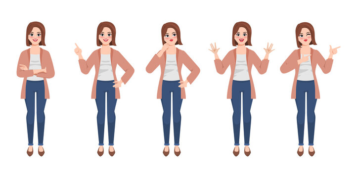 Beautiful portrait woman difference character gesture pose. Cartoon clipart vector design.