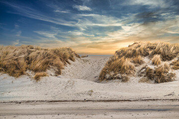 Dunes at the North Sea coast at Blaavand Beach, Denmaek