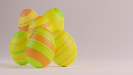 A group of colorful striped Easter eggs standing on a light background - 3D