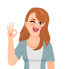 Beautiful portrait woman showing ok hand sign character gesture pose. Cartoon vector design.