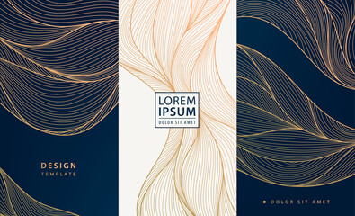 Set of vector collection design elements: flyers, frames, wedding invitations, social net stories, packaging, luxury products, perfume, soap, wine, lotion. Golden line waves, art deco. - obrazy, fototapety, plakaty